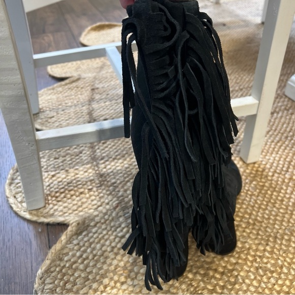 Nine West Black Suede Leather Fringe Mid Calf  Western Heel Pull On Boots Sz 7.5 - Picture 7 of 12